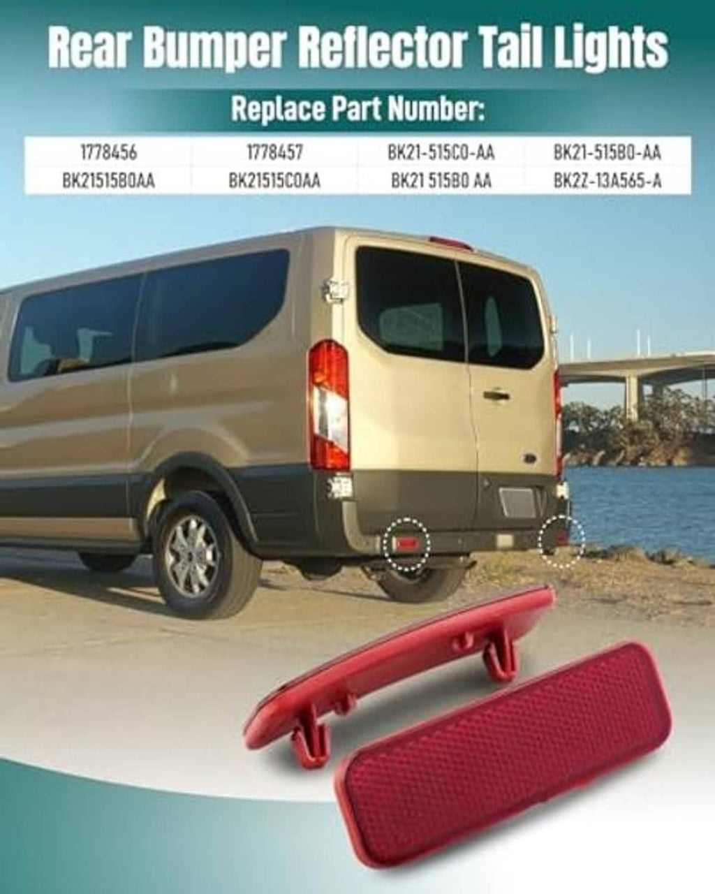 Red rear bumper reflector tail light set for vehicle rear bumper, curved rectangular lenses