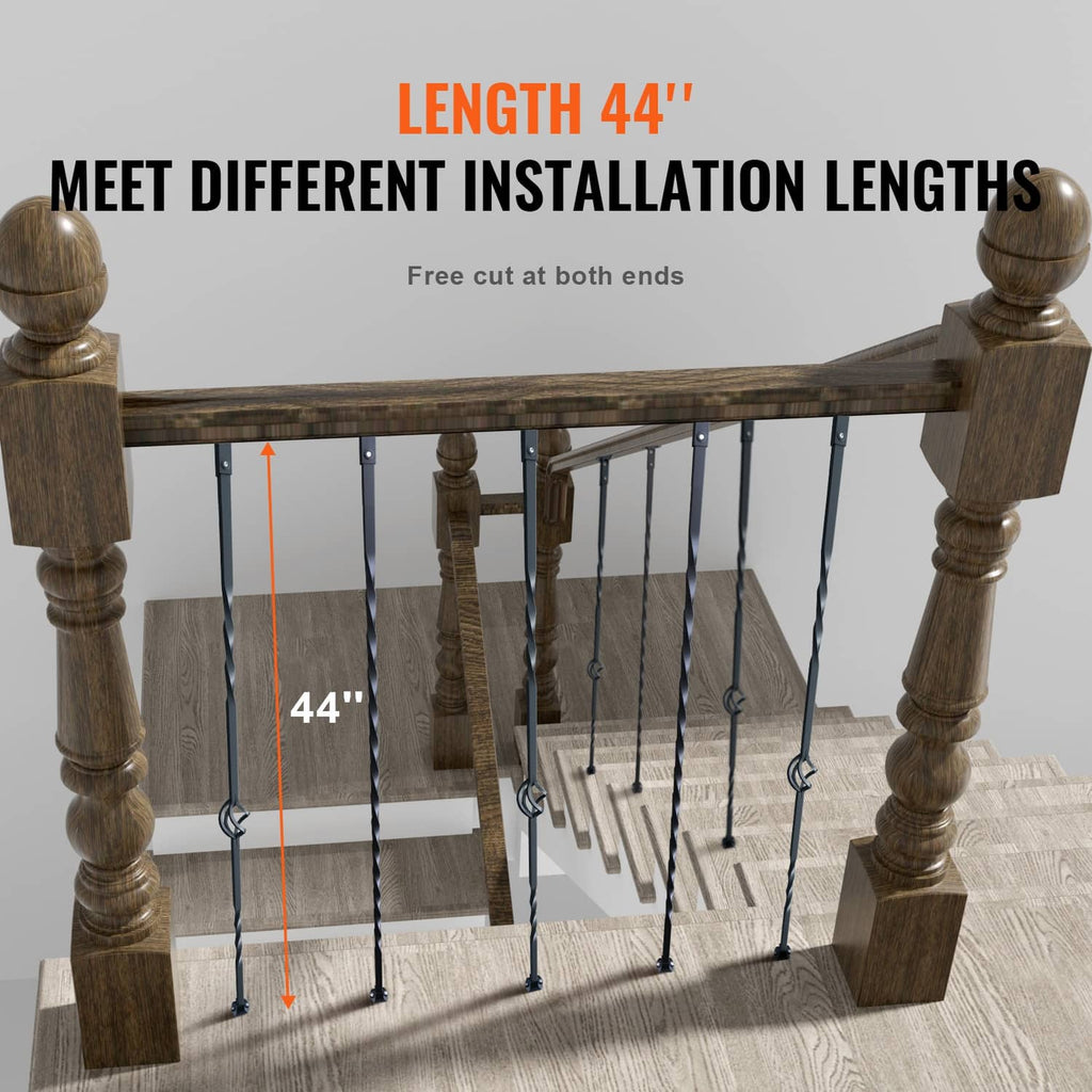 Black twist deck balusters for staircase railing with decorative basket ring accents