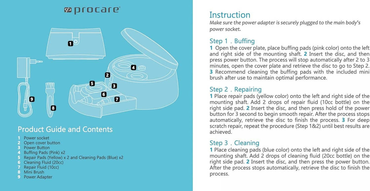 Disc cleaning and repairing kit PRO instruction guide page with diagrams