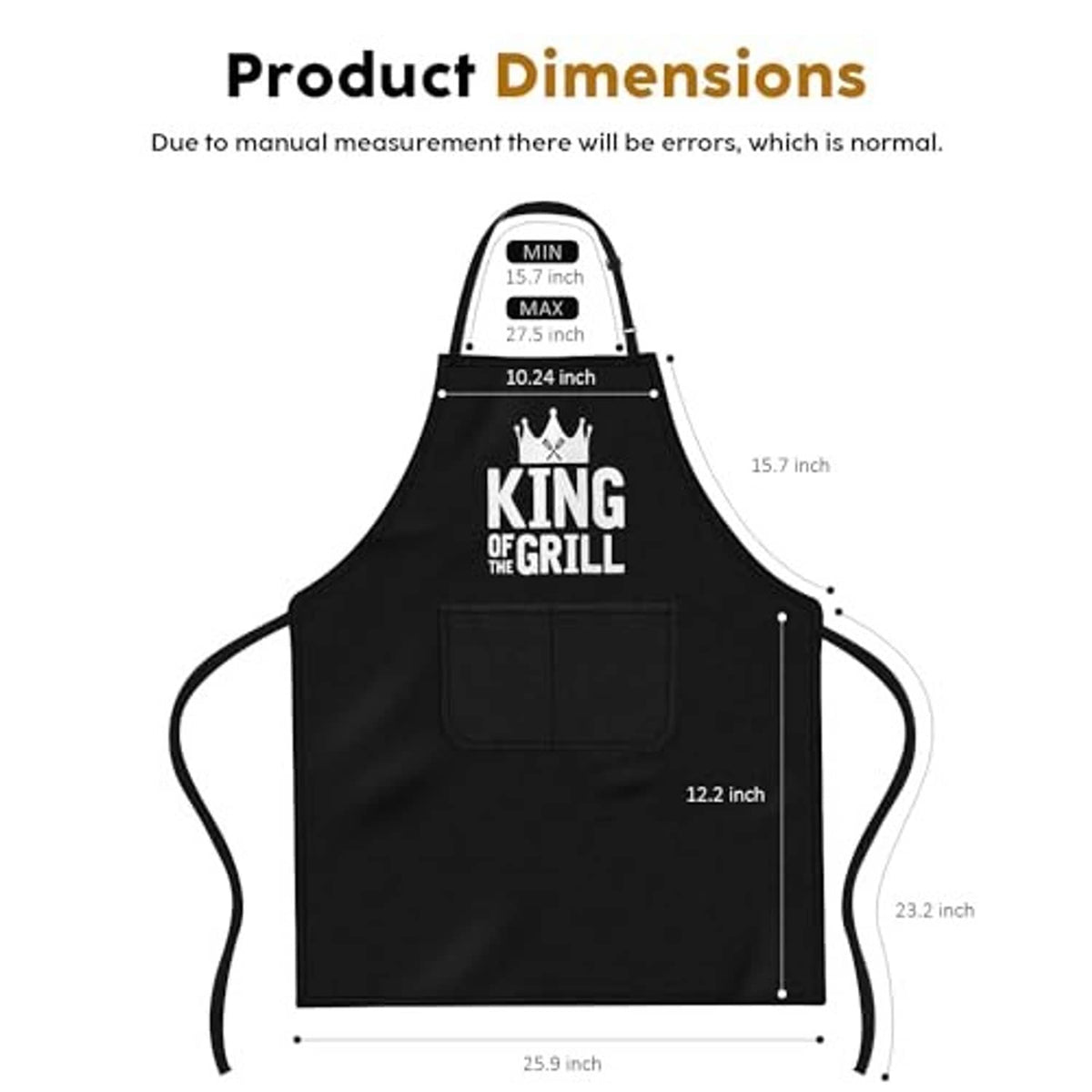 Black BBQ apron outline diagram with 'King of the Grill' logo and front pocket panel