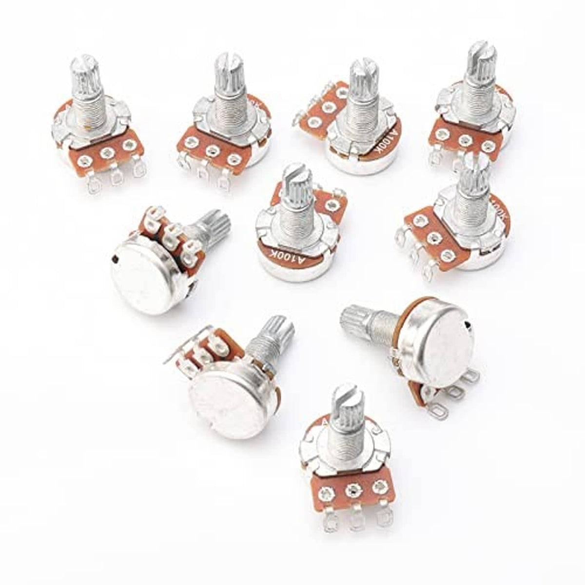 Electric guitar volume potentiometer, metal housing with orange PCB and three solder terminals