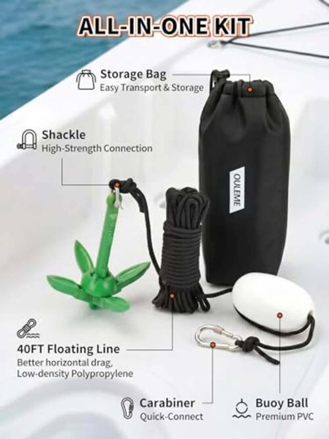 Folding grapnel anchor kit: green anchor, black storage bag, coiled rope, carabiner, buoy