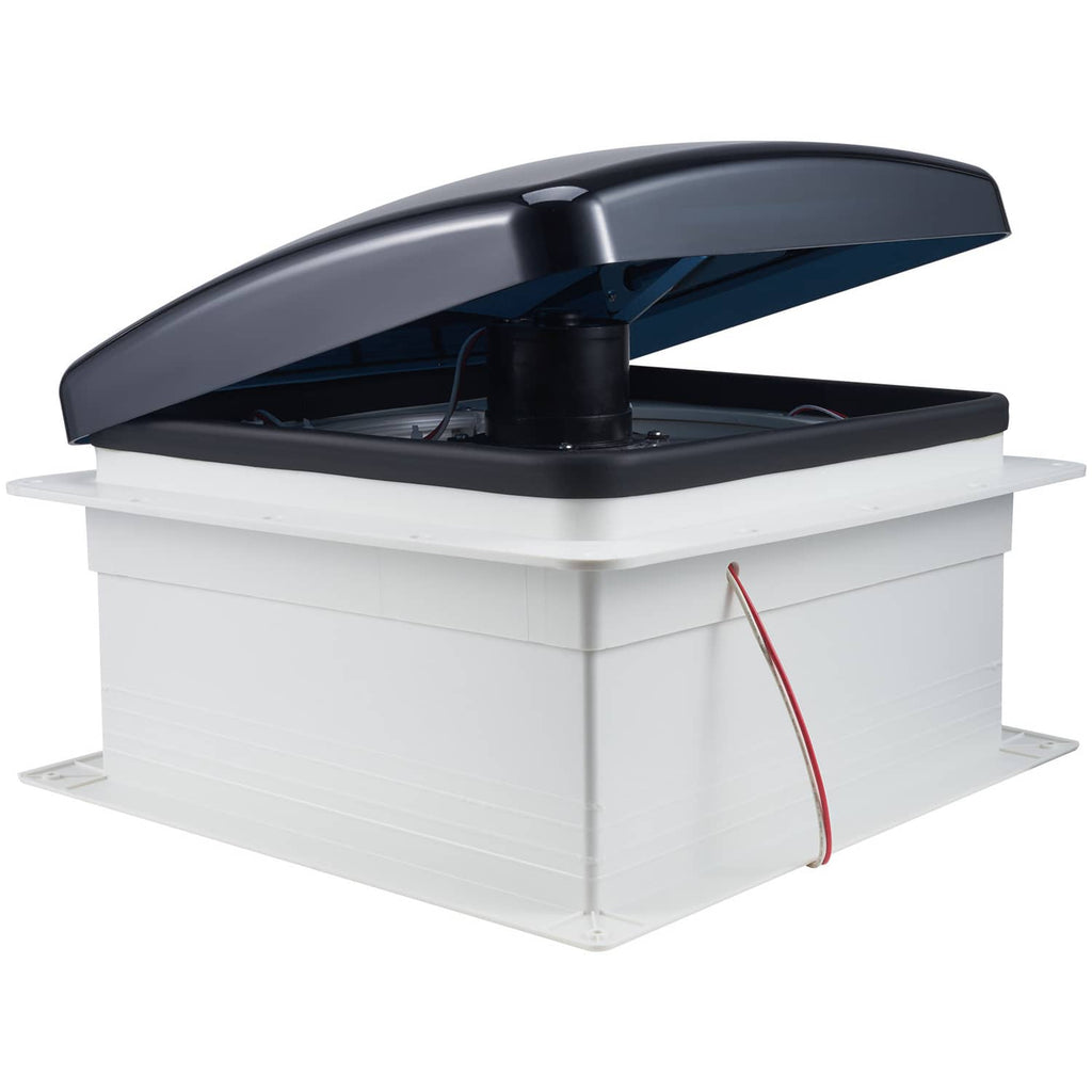 Roof vent fan with open dark top lid and visible mounting frame on a white base