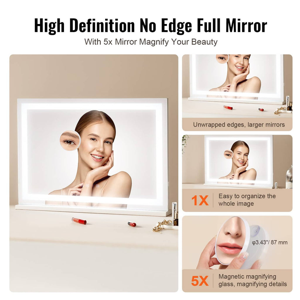 Square LED vanity mirror with 5x magnifying inset, white frame