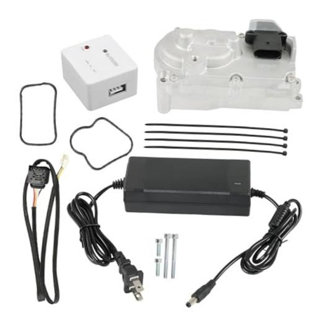 Turbocharger actuator replacement kit with silver actuator, black controller, and wiring harness