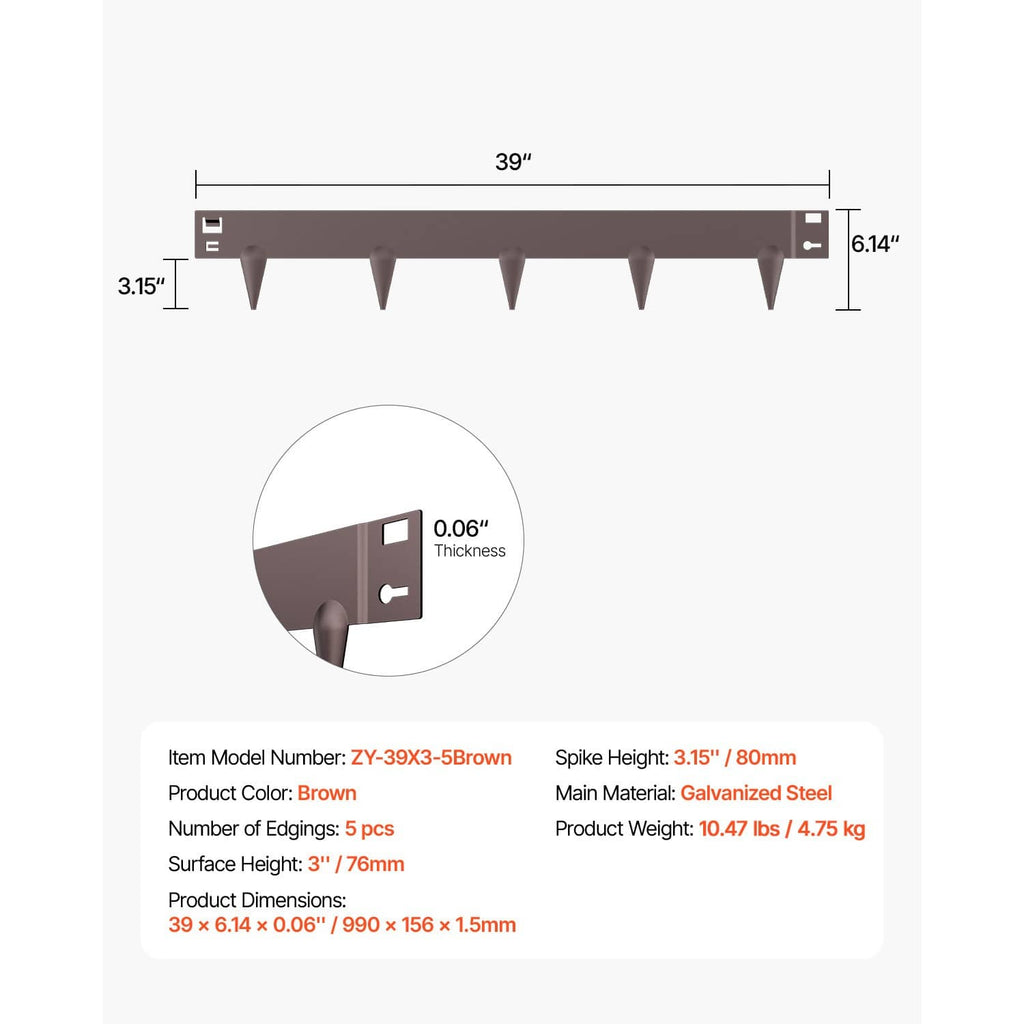 Brown steel edging strip dimensions view with spike height and base thickness details