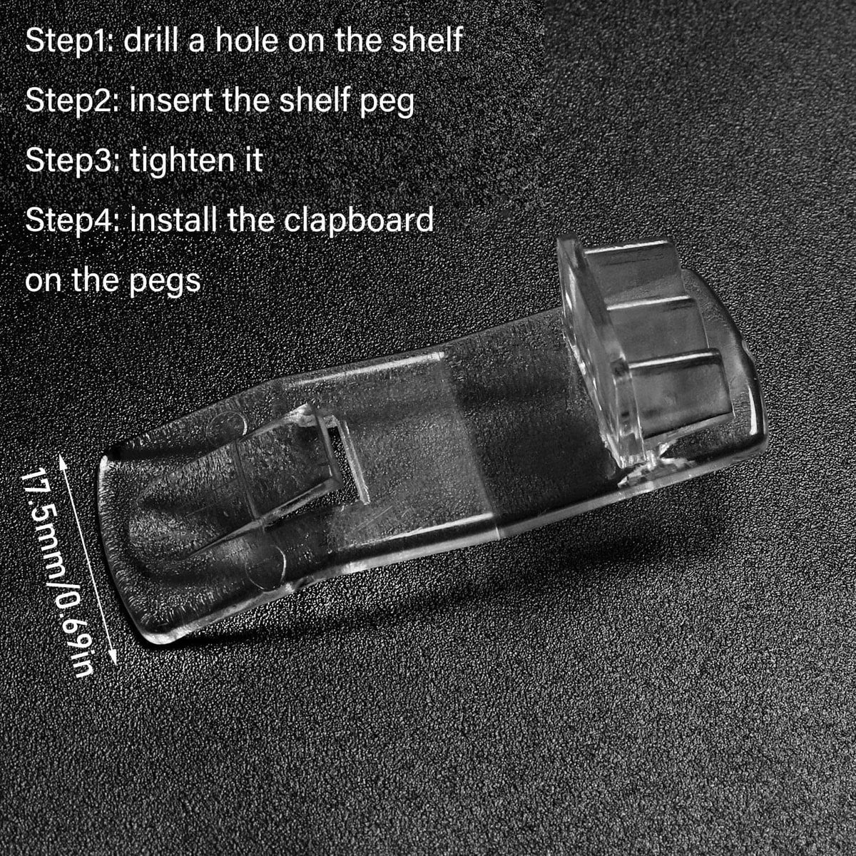 Clear plastic shelf support peg with curved locking channel and prongs
