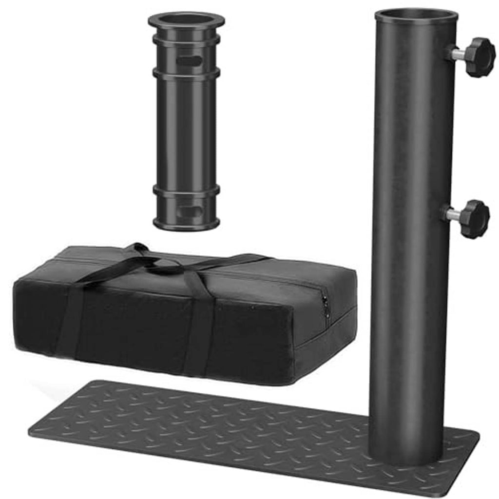 Black flagpole holder with tall sleeve, clamp bolts, and diamond base plate