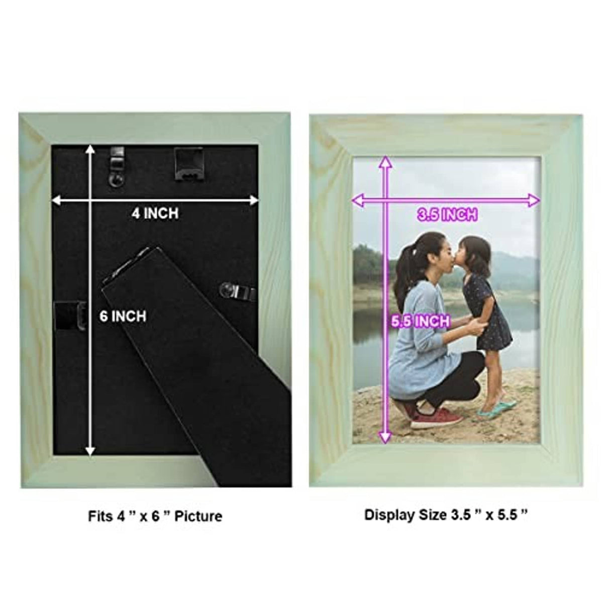 Seafoam green wood 4x6 picture frame with size guide and photo opening
