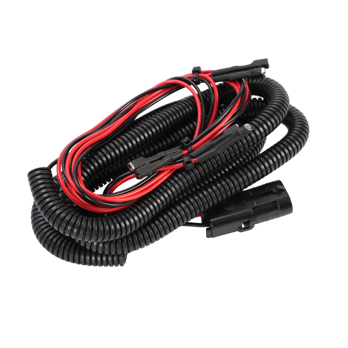 Black coiled wiring harness with red and black wires for LED light bar