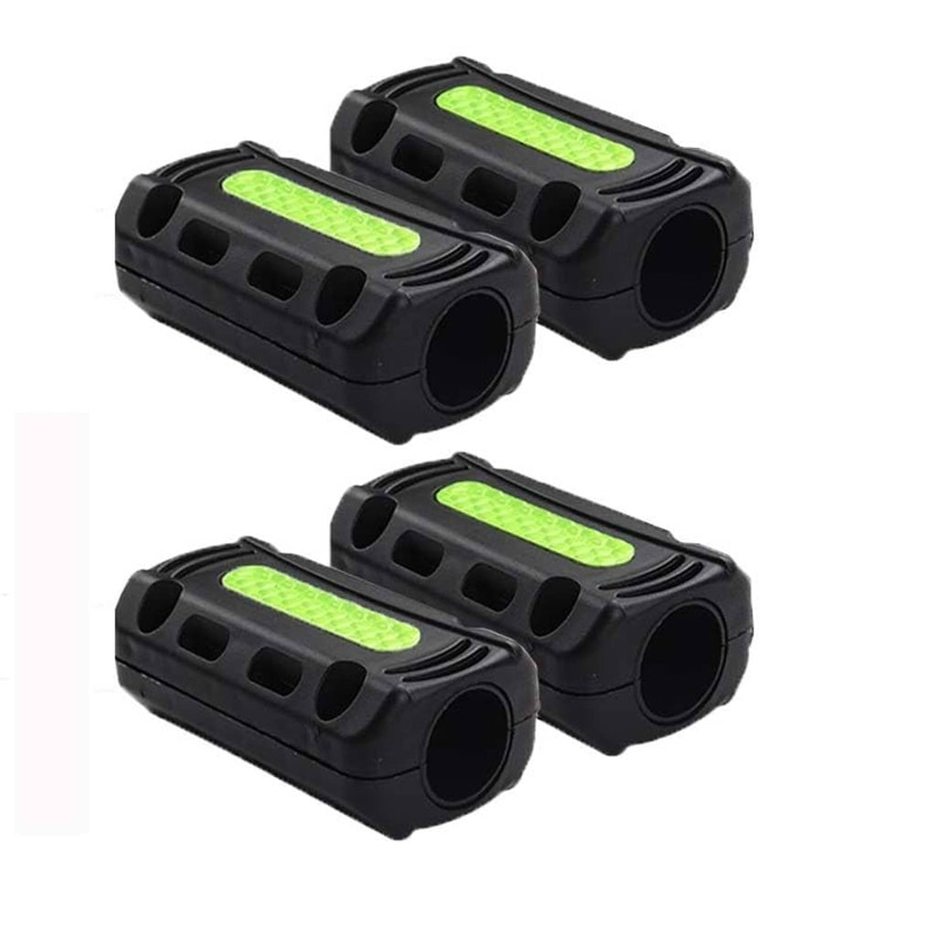 Four black crash bar bumper blocks with neon green reflective strips