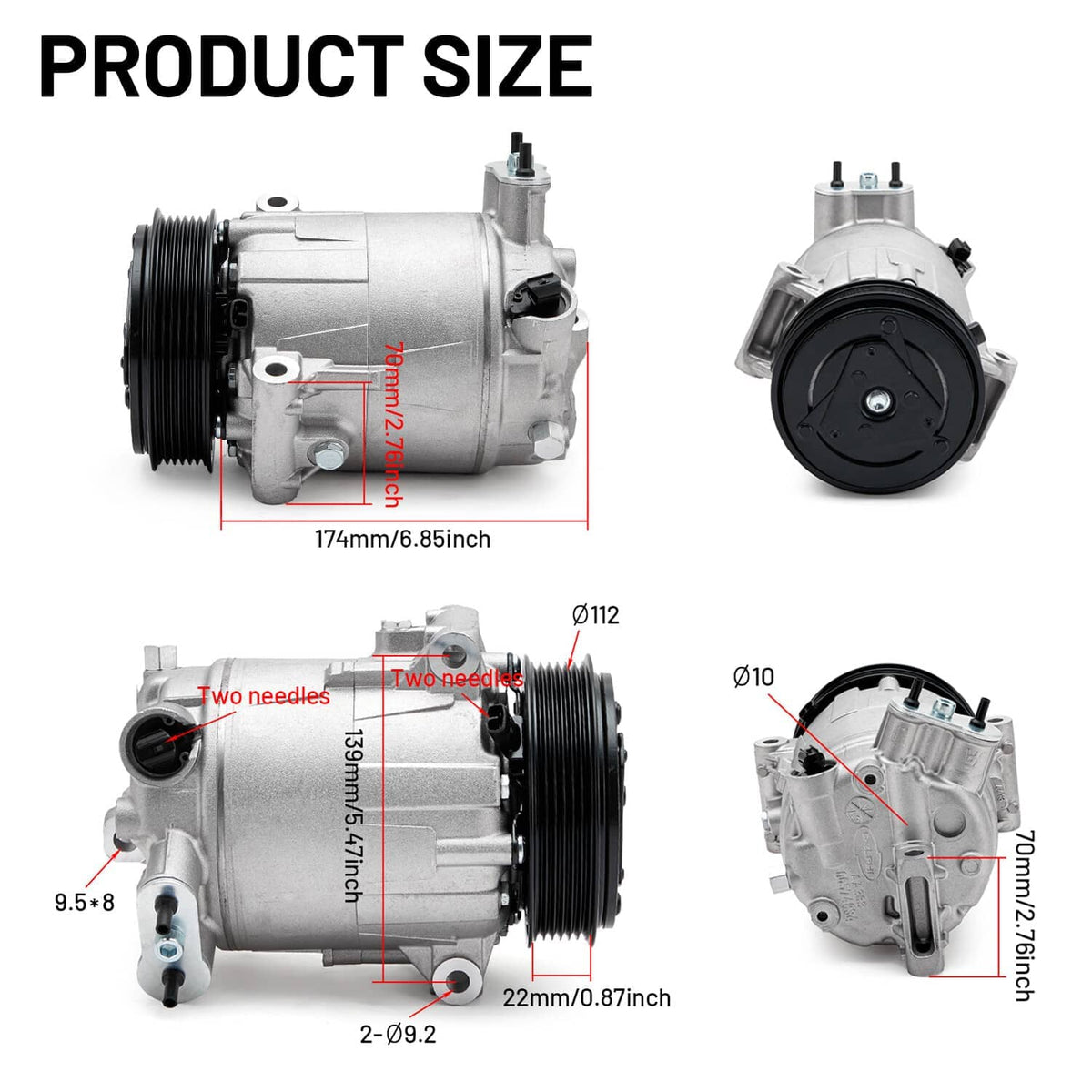 A/C compressor with clutch, front and side views shown with size diagram