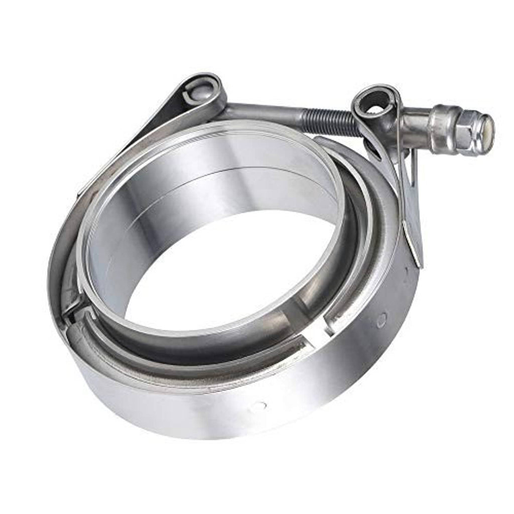 V-band clamp set with flanged ring and tightening bolt, stainless steel finish