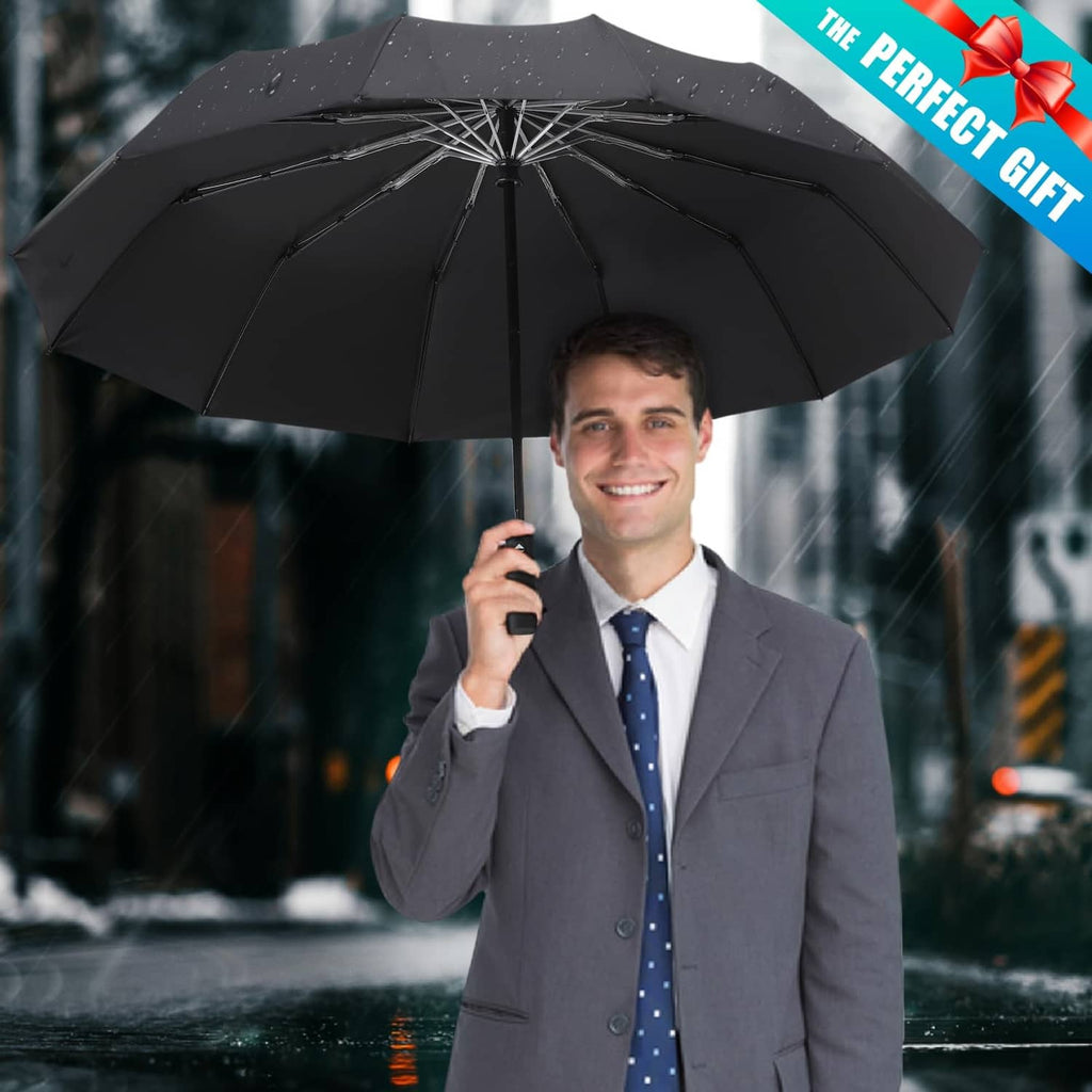 Black 46-inch umbrella with open canopy and visible water droplets