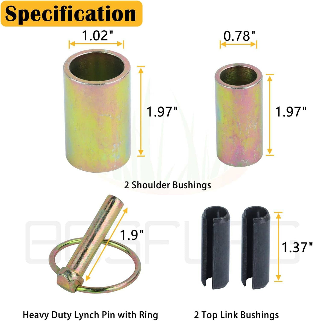 Two shoulder bushings, two top link bushings, and black inserts, labeled dimensions