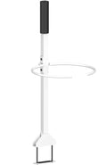White zero-turn bucket holder mount with black handle grip and curved support ring