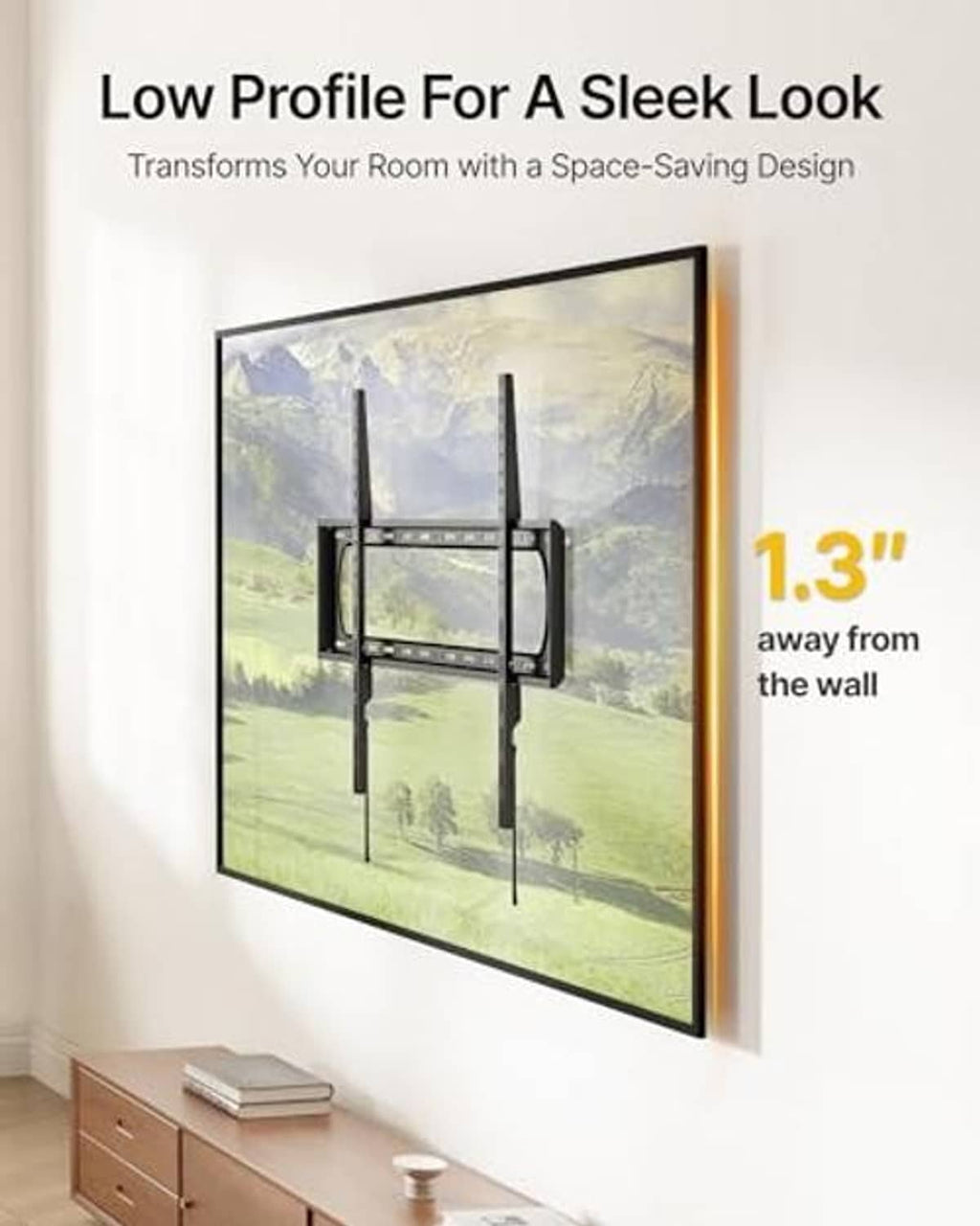 Low-profile fixed TV wall mount bracket with slim arms and close-to-wall design