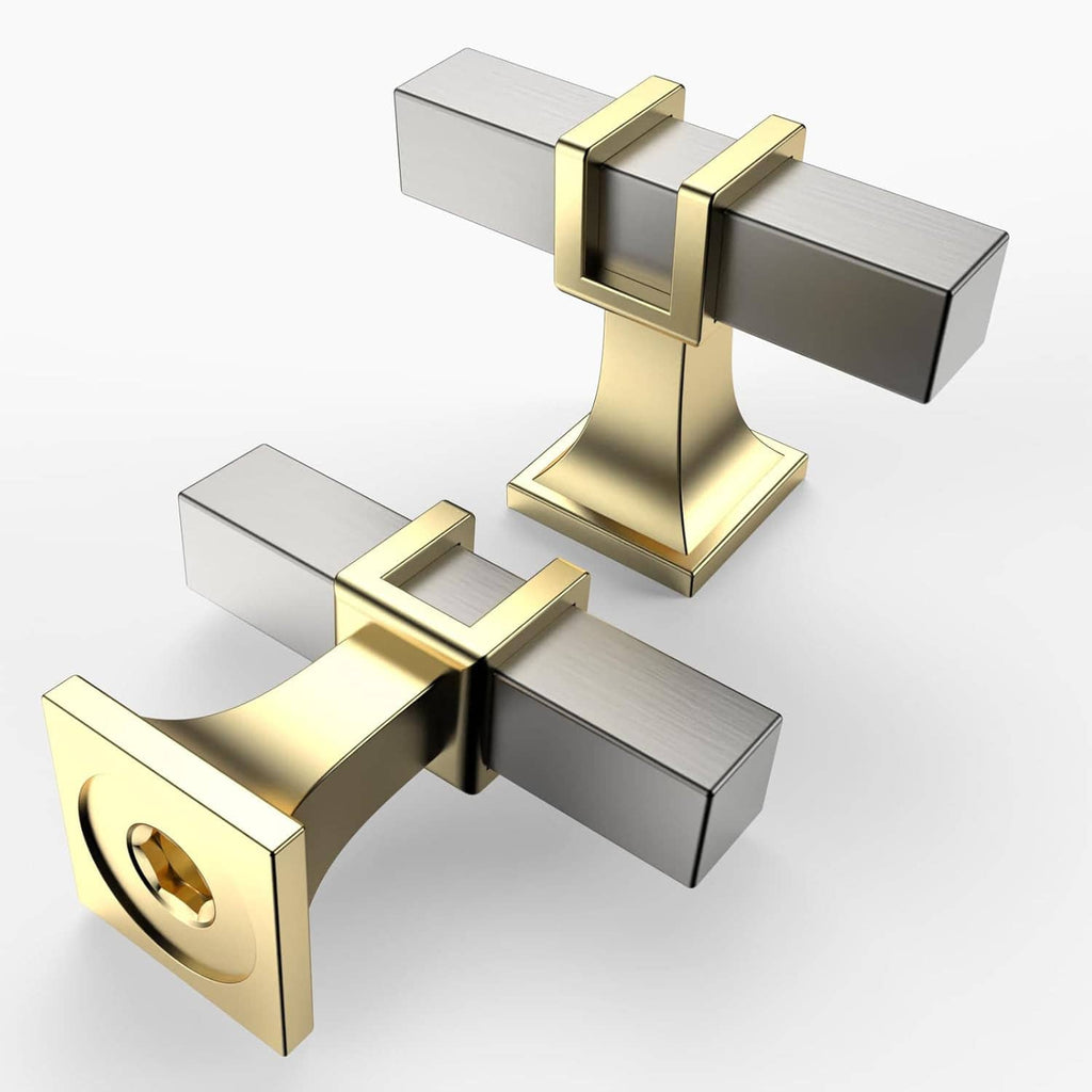 Gold and brushed satin nickel cabinet knob set, close-up angled view of metal parts