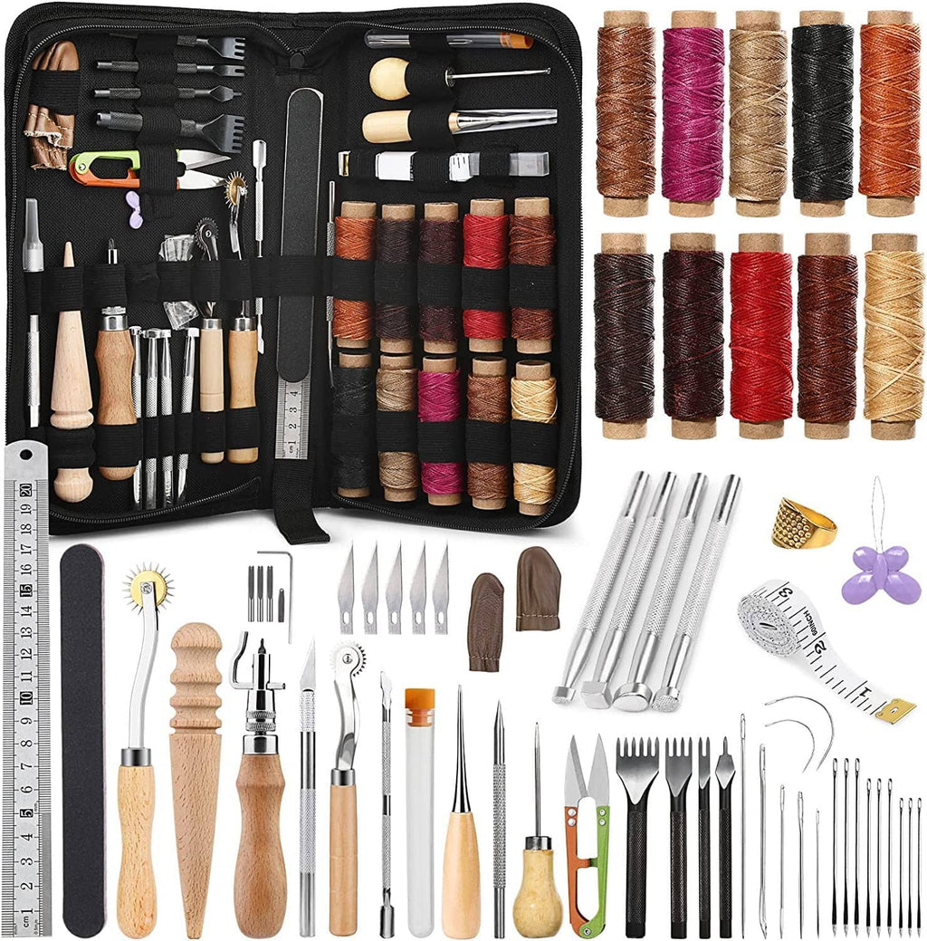 Leather sewing and working kit with tools and wax thread spools in a zip storage roll