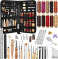 Leather sewing and working kit with tools and wax thread spools in a zip storage roll