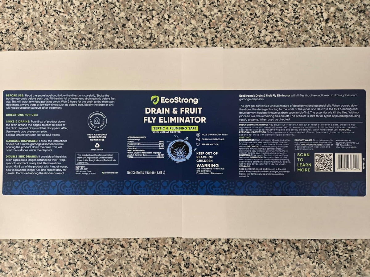 EcoStrong drain and fruit fly eliminator back label on a bottle