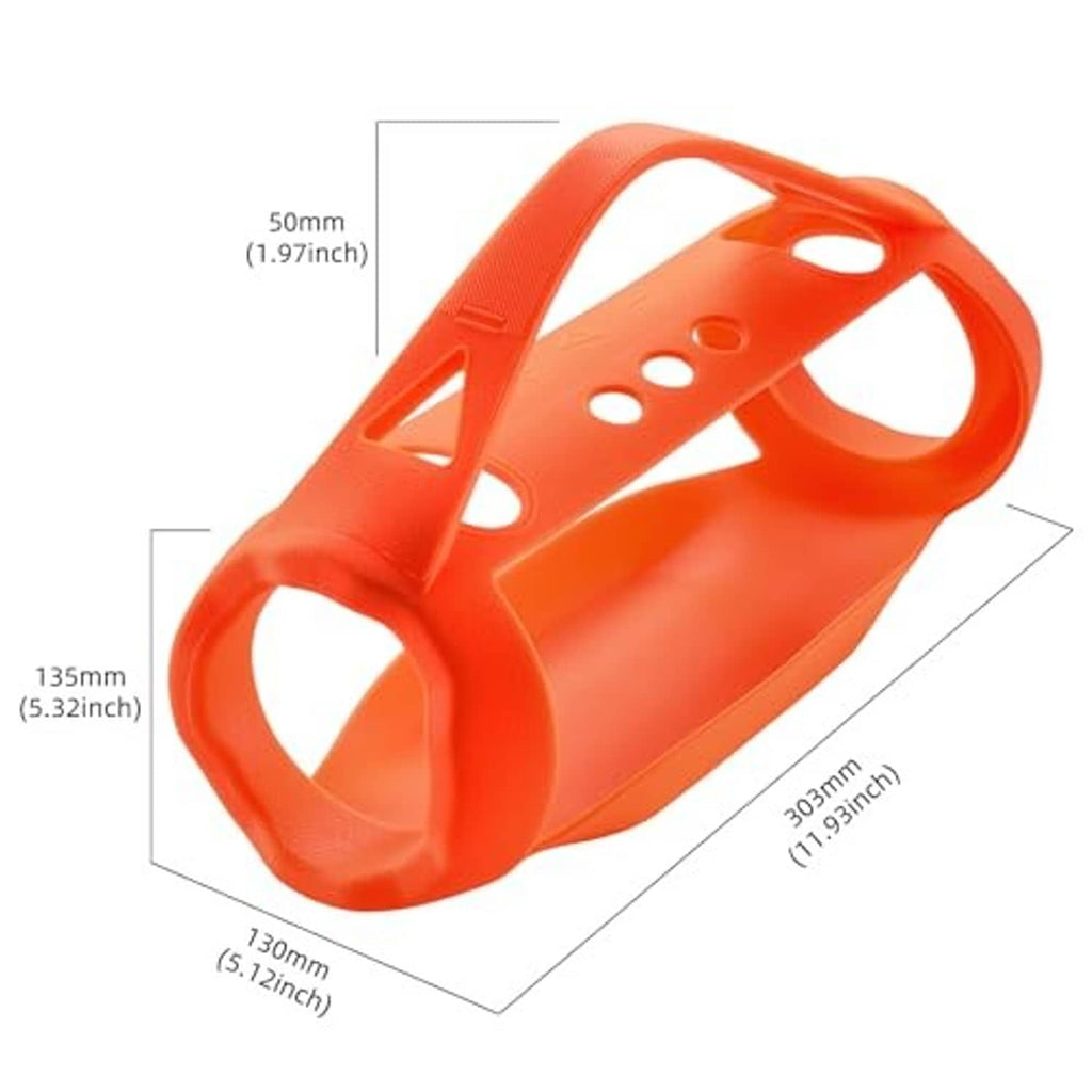 Orange silicone speaker case with vented handle loop and black front panel
