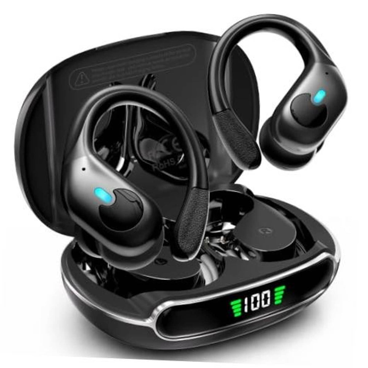 Black wireless earbuds with charging case, LED battery display and soft silicone tips