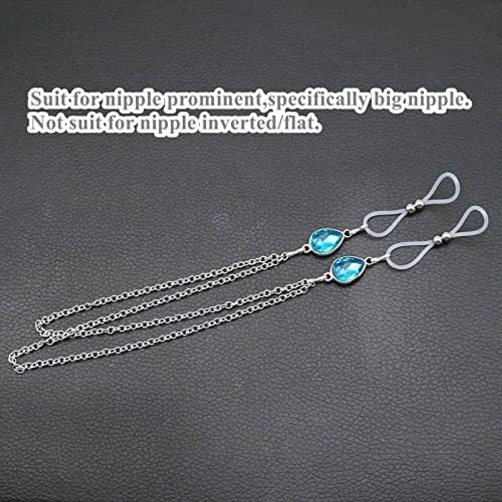 Non-piercing nipple rings with long silver chains and blue teardrop drops