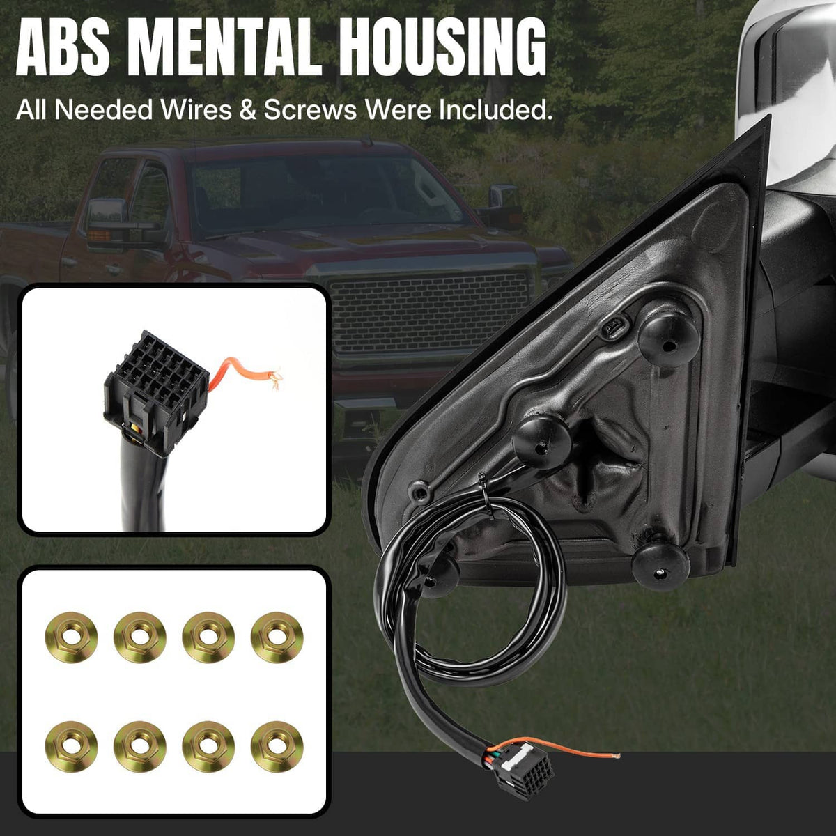 ABS heated tow mirror housing with included wiring, screws, and mounting hardware details
