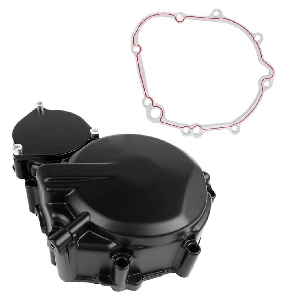 Black left engine crankcase cover and separate red-edged gasket plate