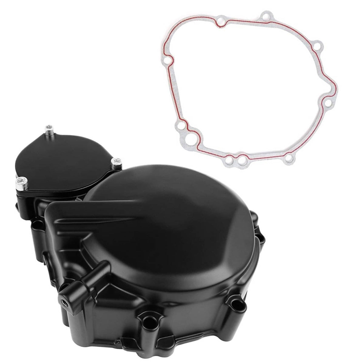 Black left engine crankcase cover and separate red-edged gasket plate