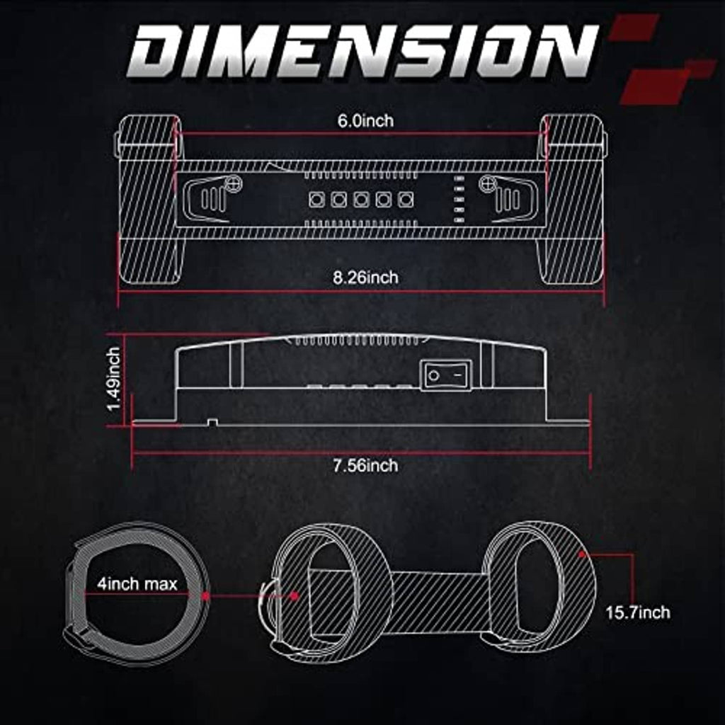 Universal LED light bar with dual strap mounts showing length and width measurements