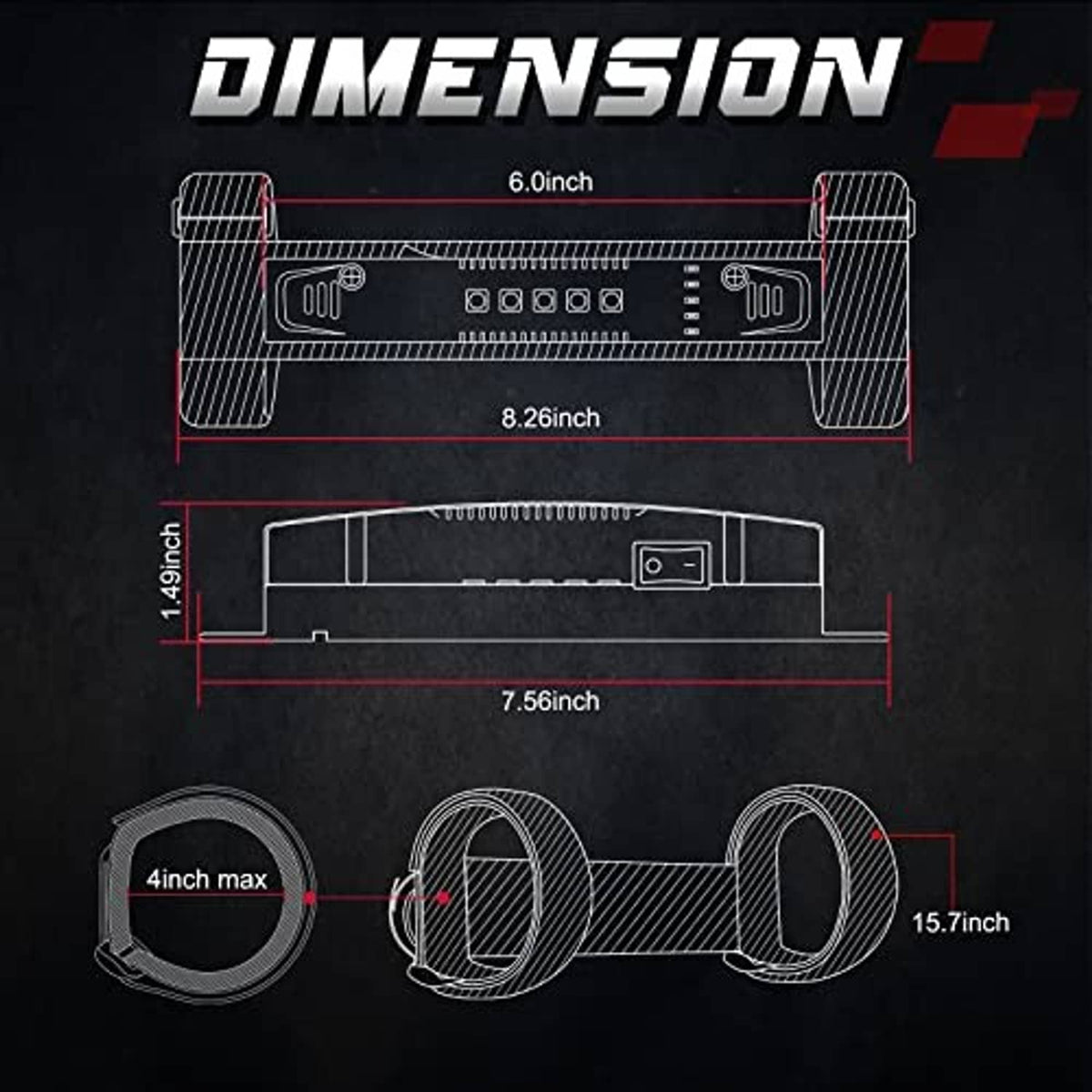 Universal LED light bar with dual strap mounts showing length and width measurements