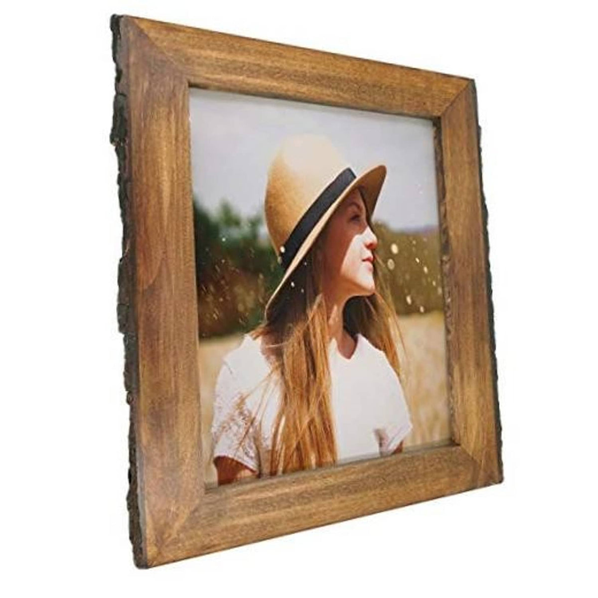 Rustic bark-edged wood picture frame with 8x10 photo, angled front view