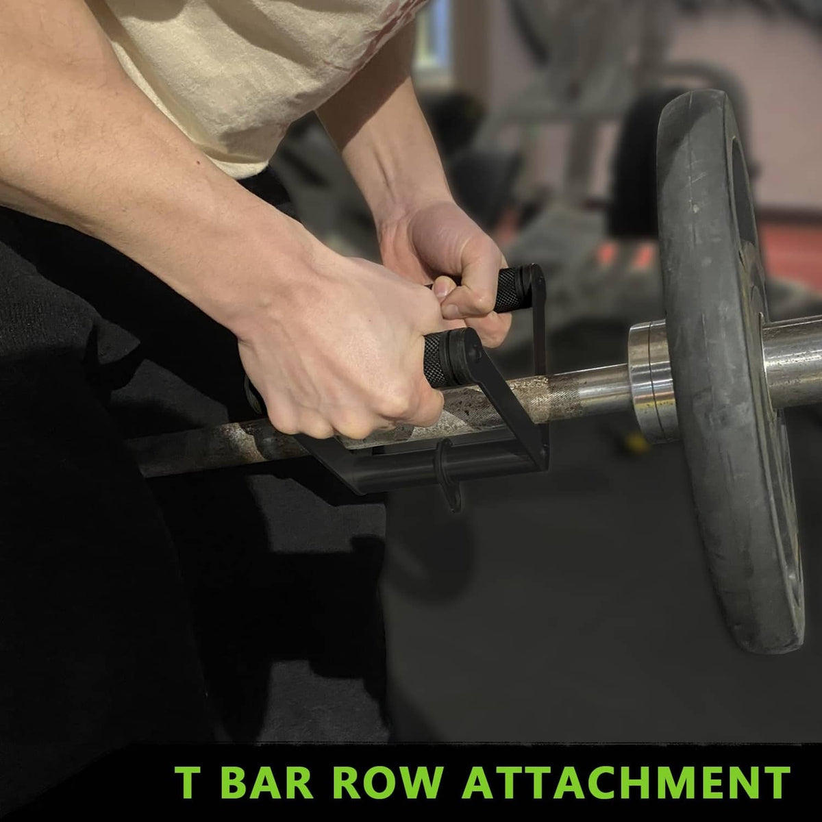 Textured black V bar cable attachment gripped on a bar during row exercise