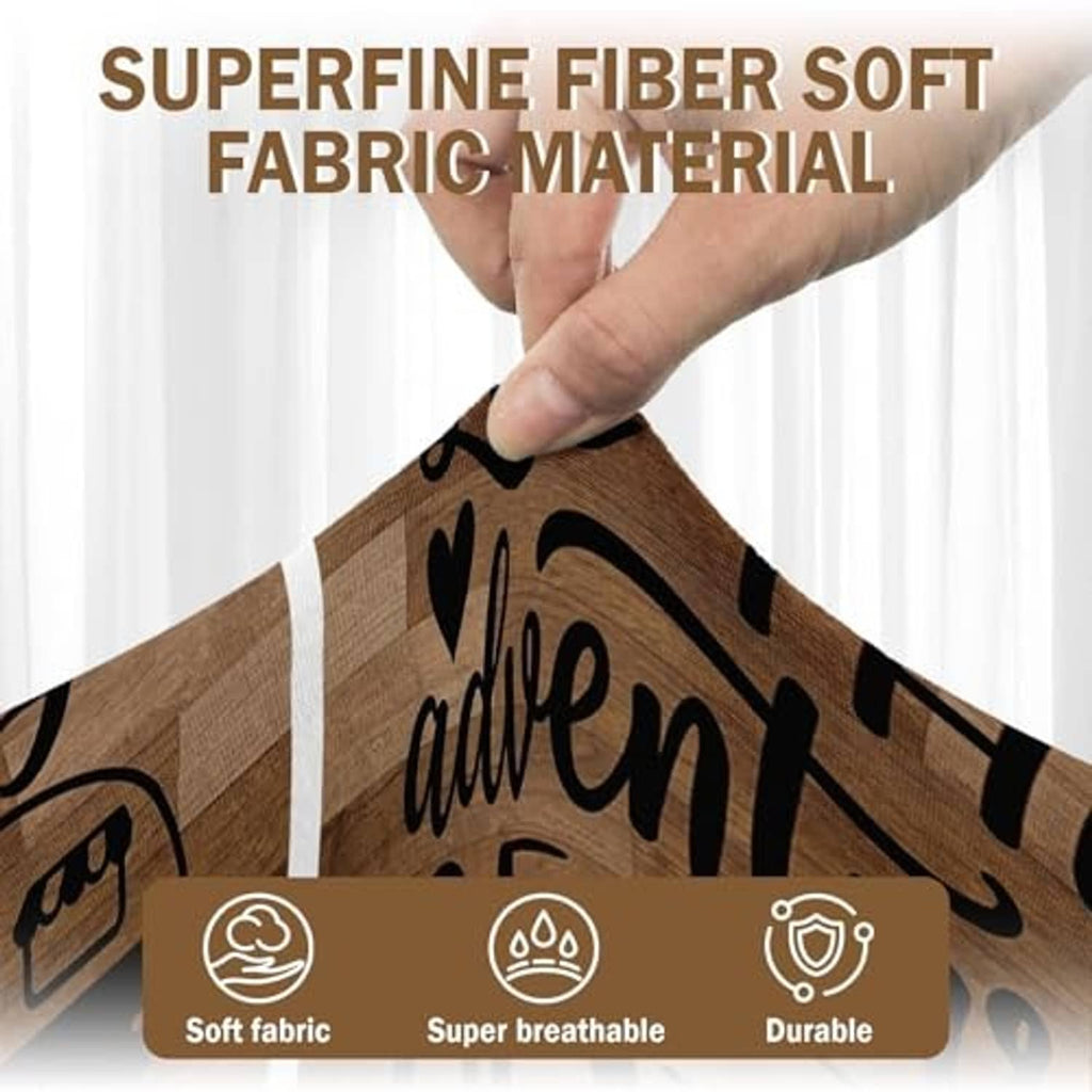 Brown RV dinette cushion cover material close-up with camping print and soft fabric texture