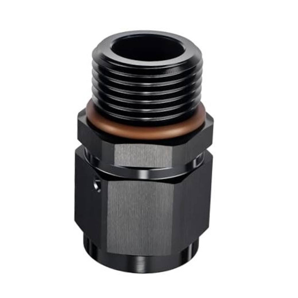 AN hose fitting with bronze O-ring, black finish, external threads for straight connection