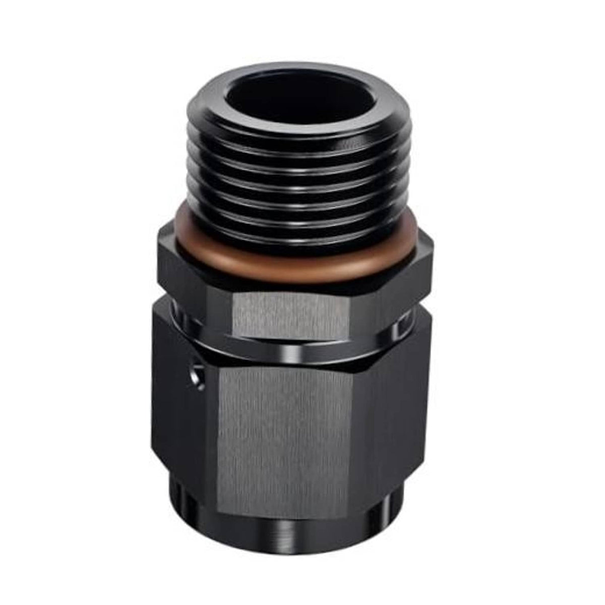 AN hose fitting with bronze O-ring, black finish, external threads for straight connection