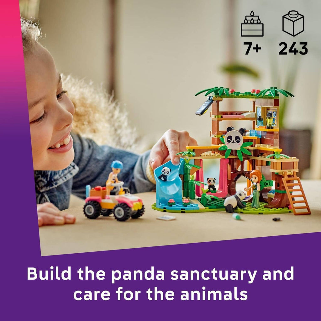 LEGO Friends panda sanctuary animal care playset with small vehicle and panda figure