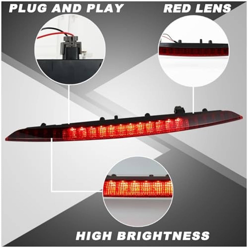 Third brake light assembly with red lens and plug-and-play connector, low-profile bar