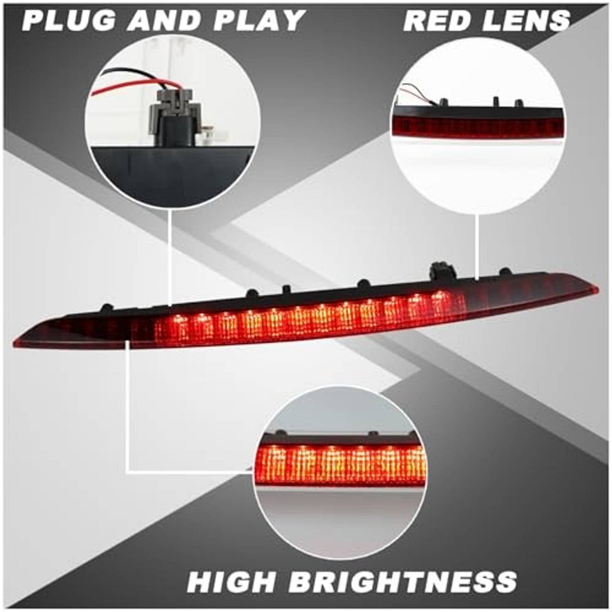Third brake light assembly with red lens and plug-and-play connector, low-profile bar