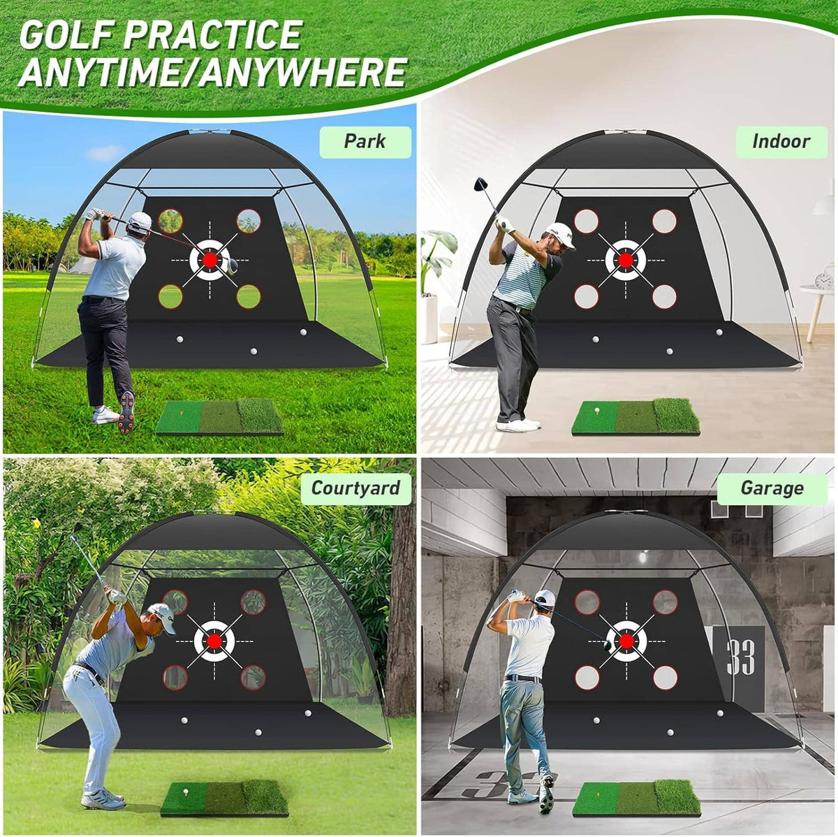 Golf practice net shown for indoor and outdoor use with turf mat and target board