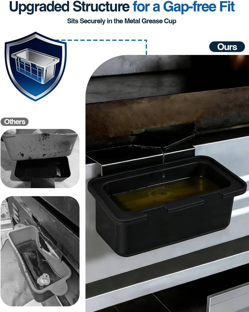 Black silicone drip pan liner with gap-free fit design shown