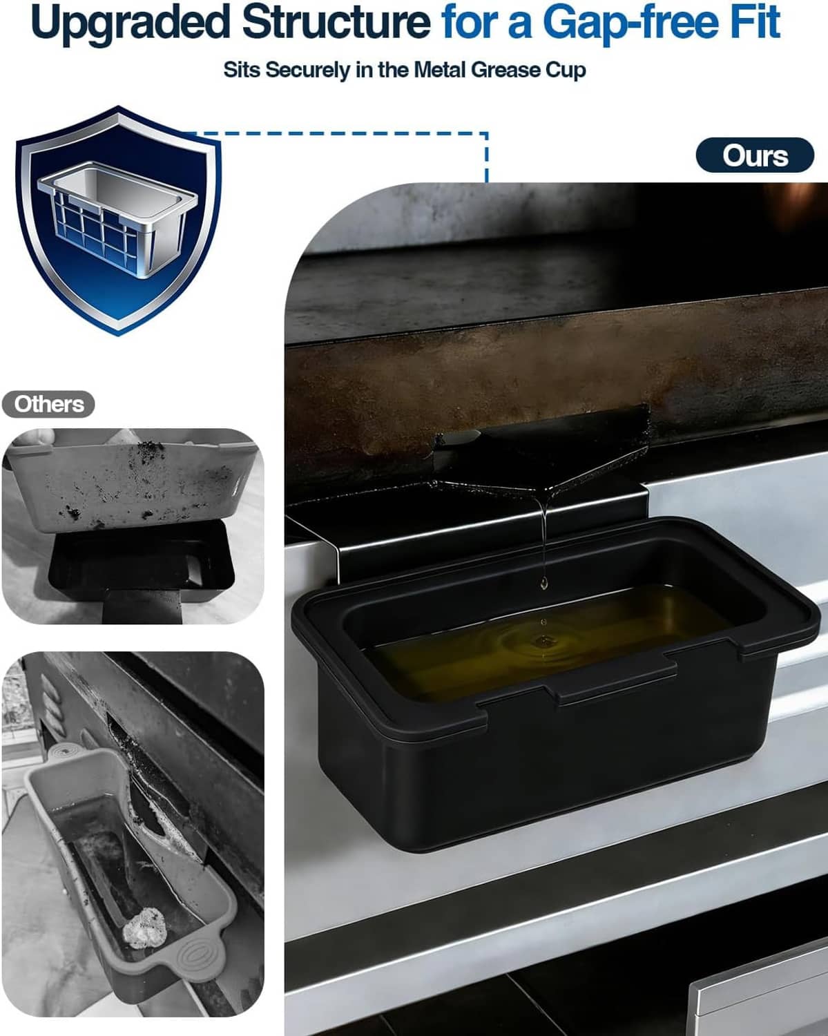Black silicone drip pan liner with gap-free fit design shown