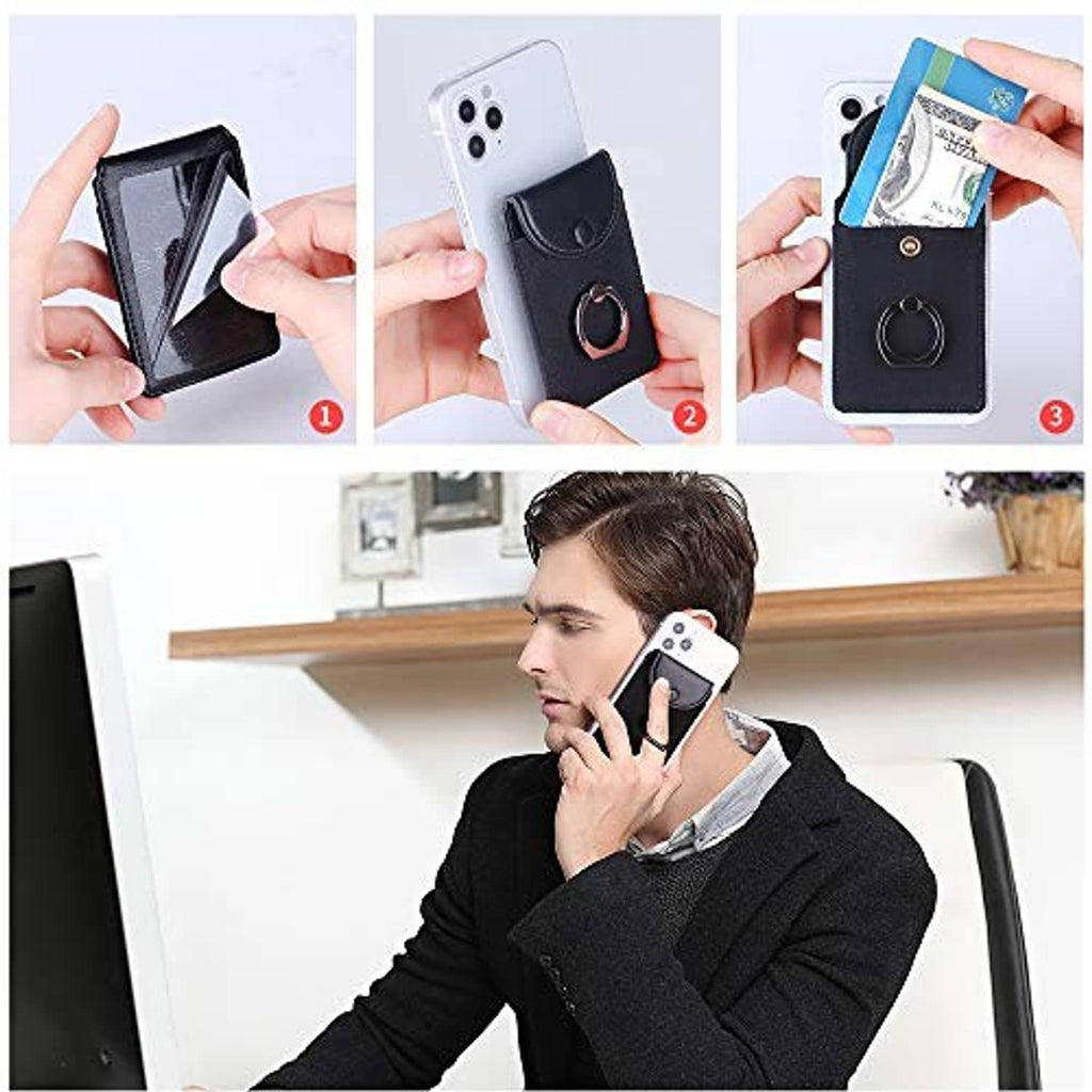Black phone card holder with flap pocket and metal ring stand on back.