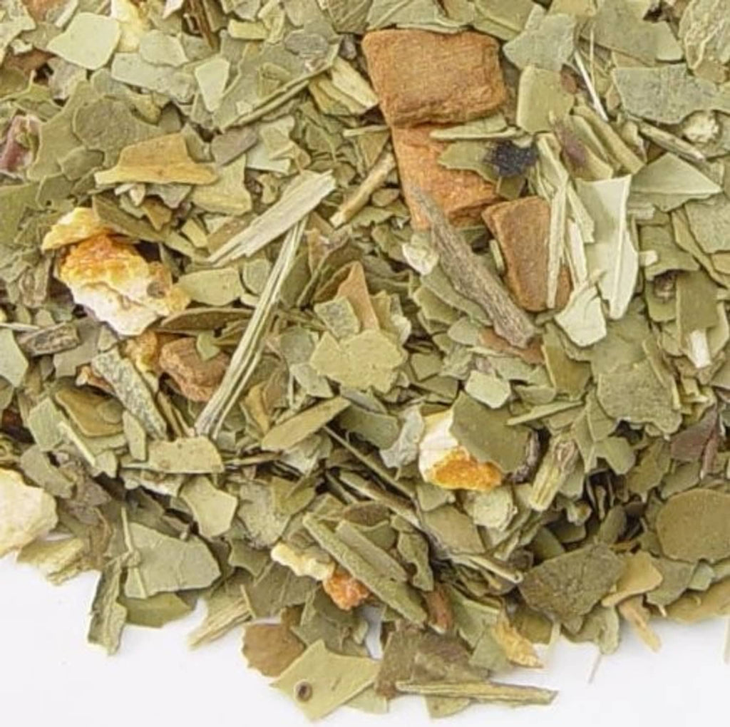Ground and chopped dried tea leaves in light green, brown, and orange tones