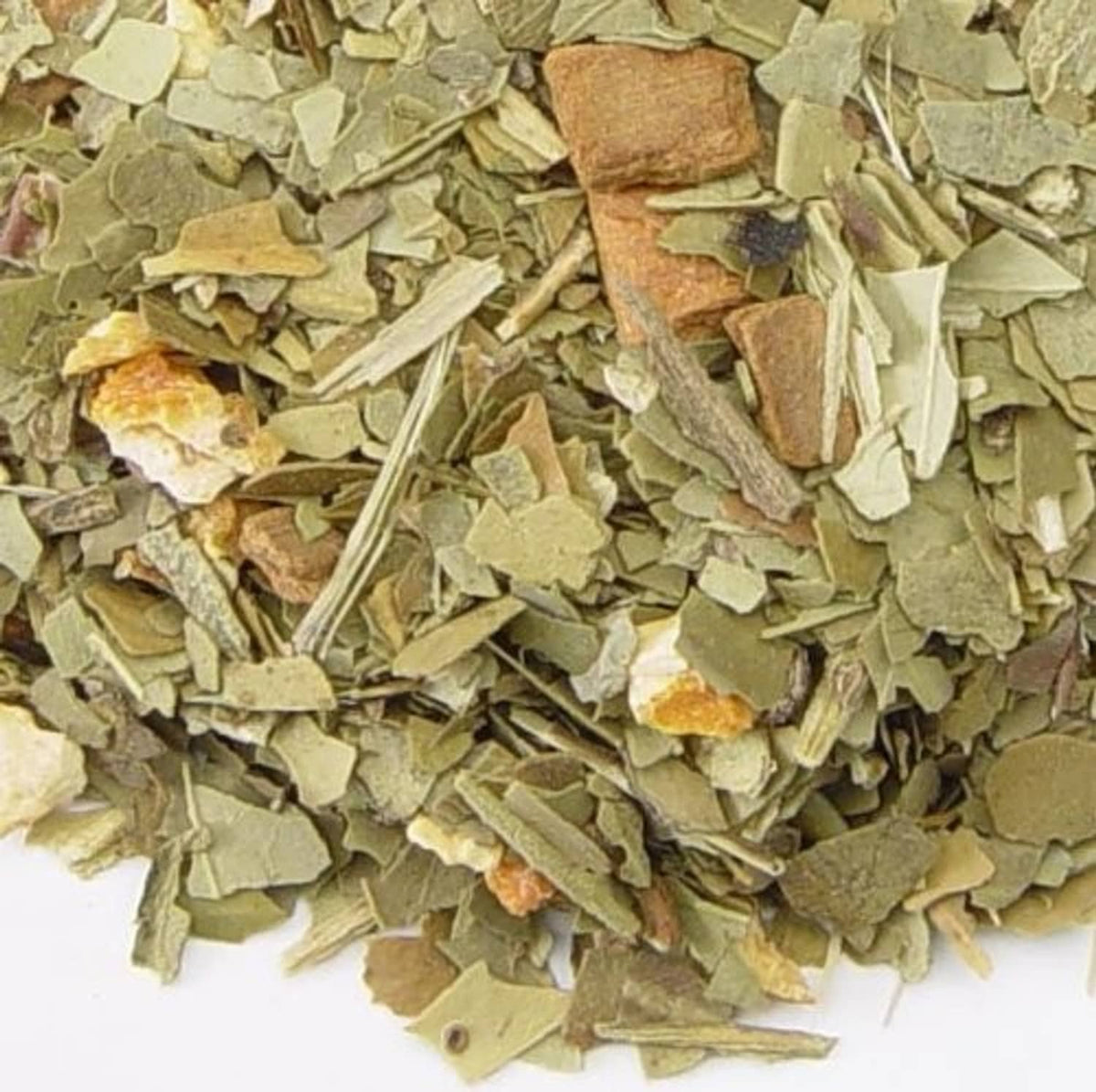 Ground and chopped dried tea leaves in light green, brown, and orange tones