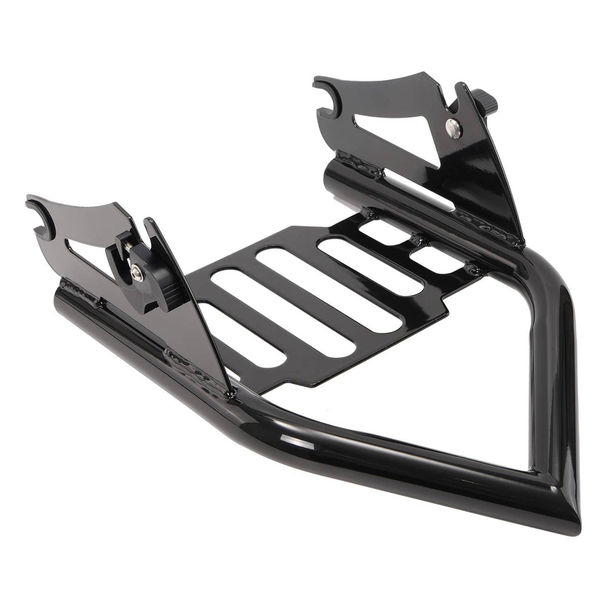 Black metal two-up luggage rack with two side brackets and slotted platform