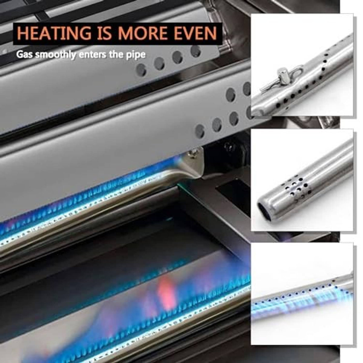 Stainless perforated burner tube showing even heating, grill replacement part close-up