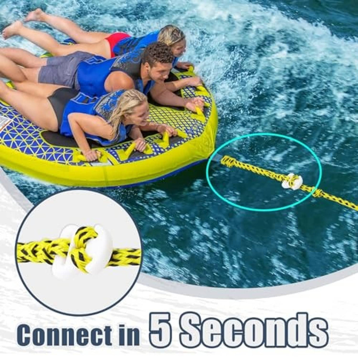 Yellow and black braided boat tow rope with white quick-connect end